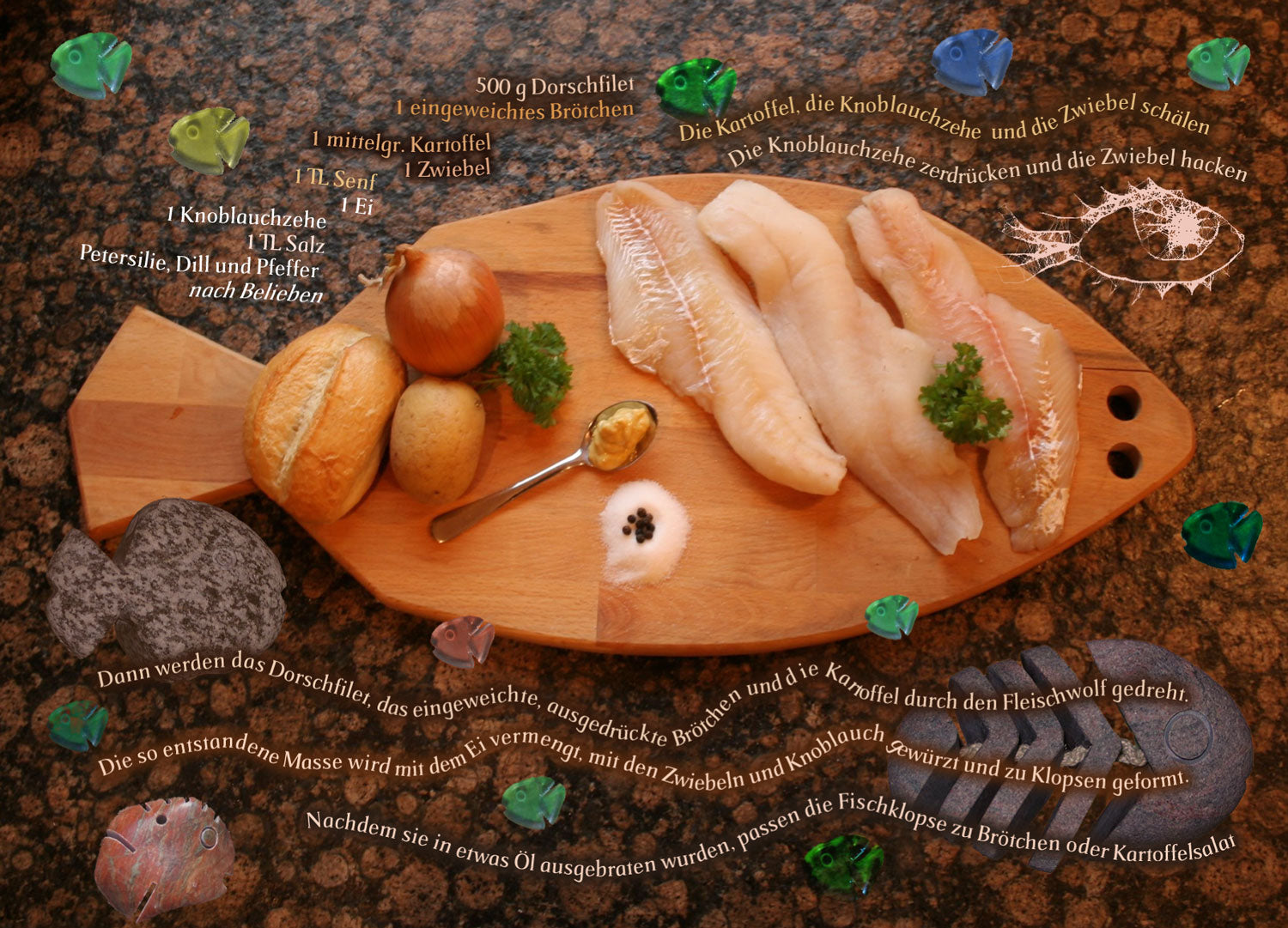 Postkarte Fischklopse – Kunst von der Ostsee-Insel Rügen