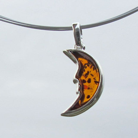 Kleiner Silberanhänger Mond mit Bernstein, Unikat