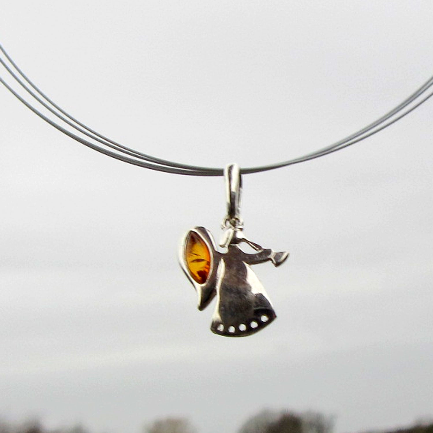 Silberner Engel mit Bernstein – Musikengel Unikat