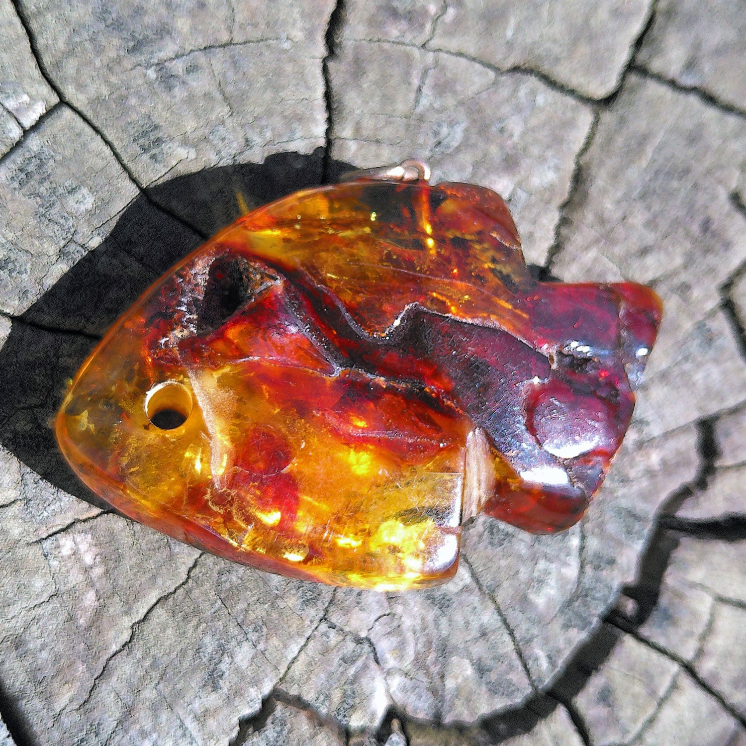 Dunkler Bernsteinfisch mit Silberöse, Unikat von Rügen