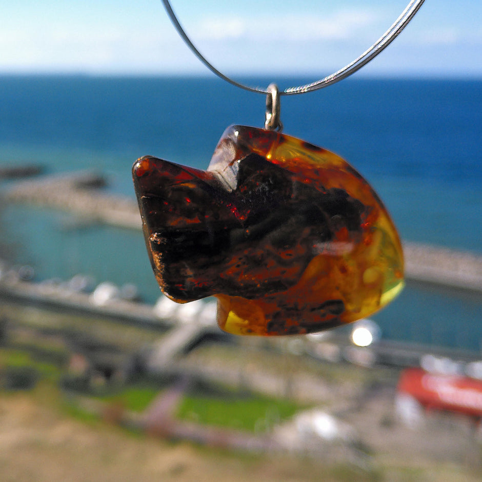 Dunkler Bernsteinfisch mit Silberöse, Unikat von Rügen