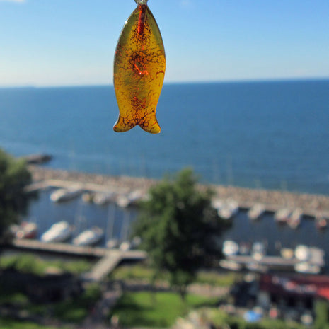 Bernsteinfisch mit Einschlüssen an Silberöse, Einzelstück