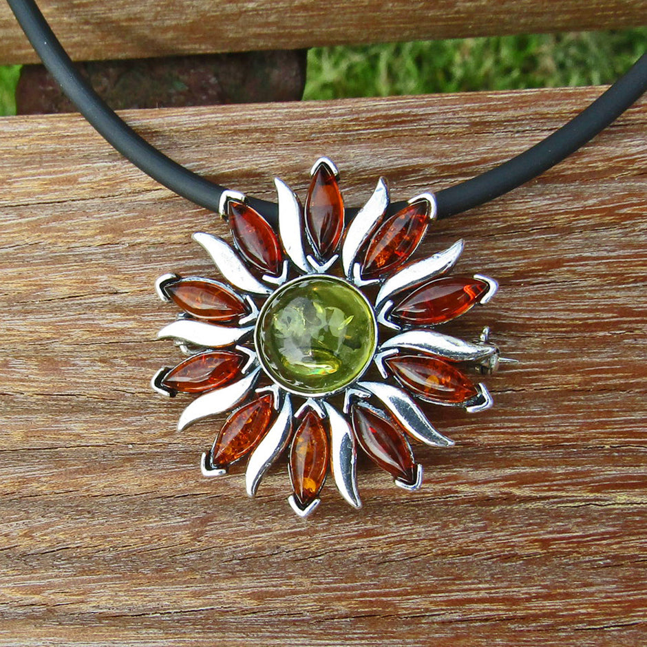 Silberanhänger Sonne mit edlen Bernsteinen, Unikat