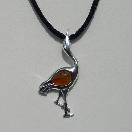 Kranich-Anhänger aus 925 Silber mit Bernstein, Unikat