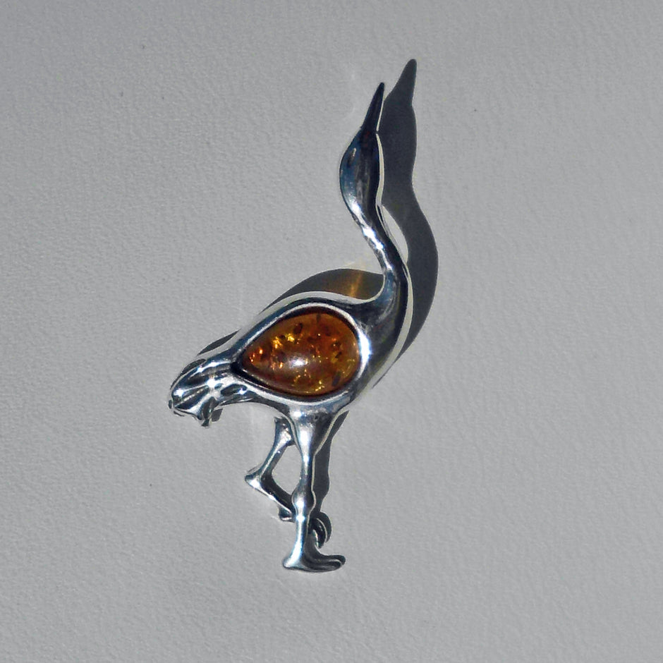 Kranich-Anhänger aus 925 Silber mit Bernstein, Unikat