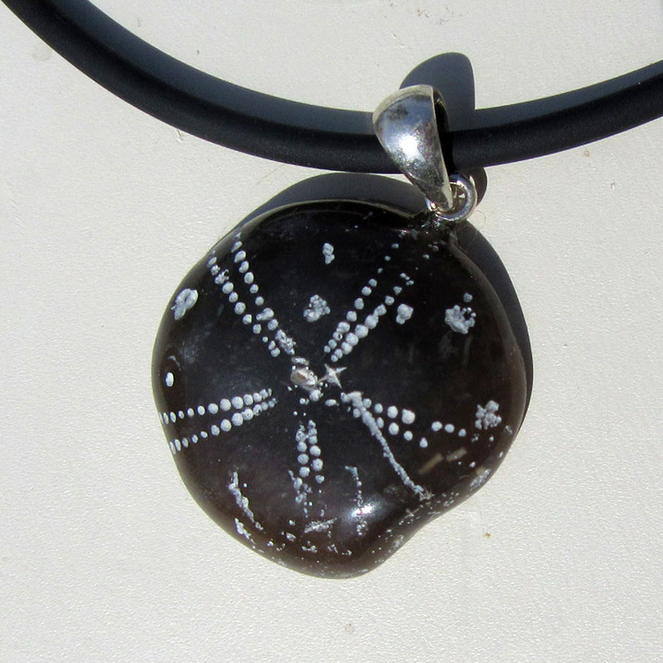 Flacher Anhänger aus versteinertem Seeigel, poliert