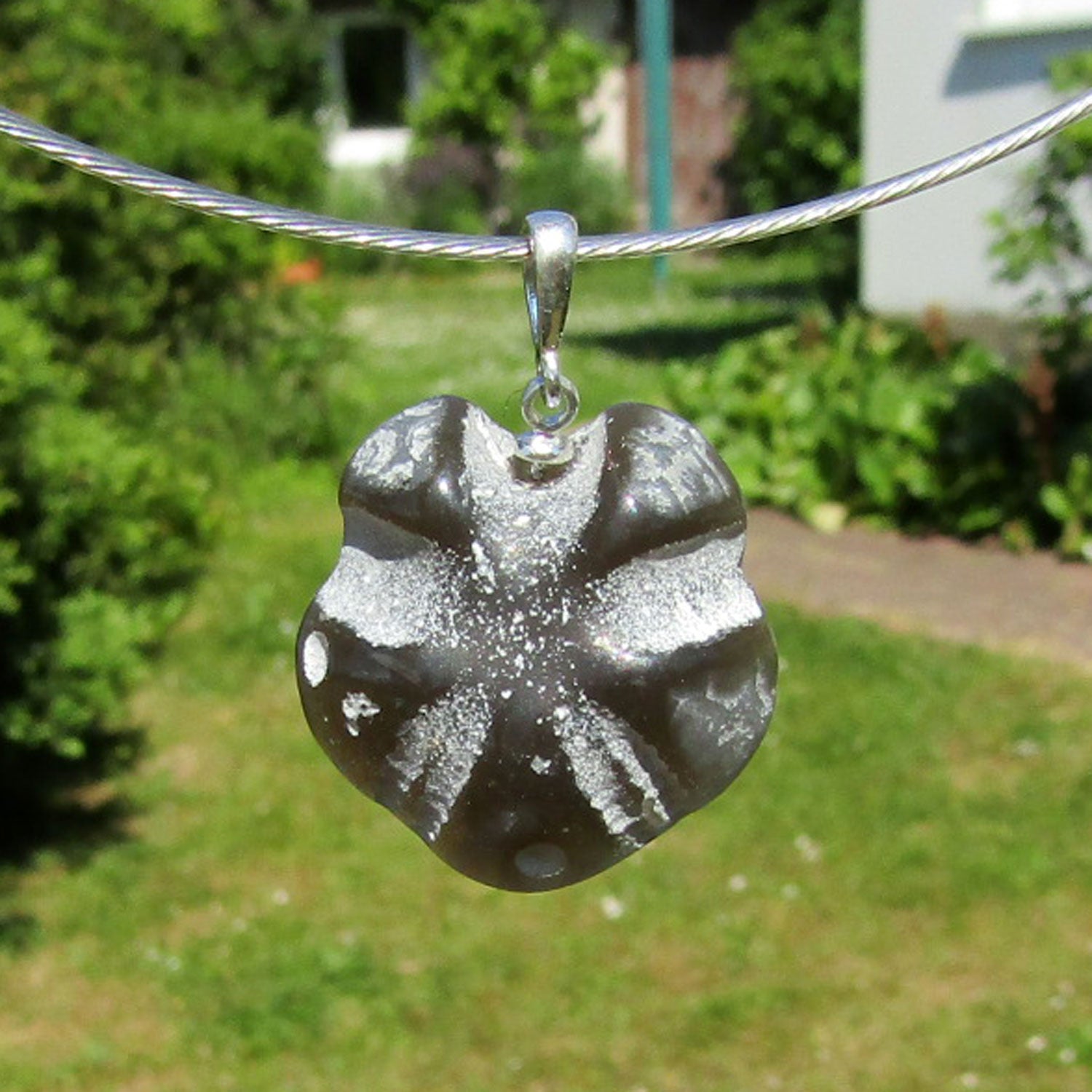 Versteinerte Seeigeloberseite an Silberöse, Unikat