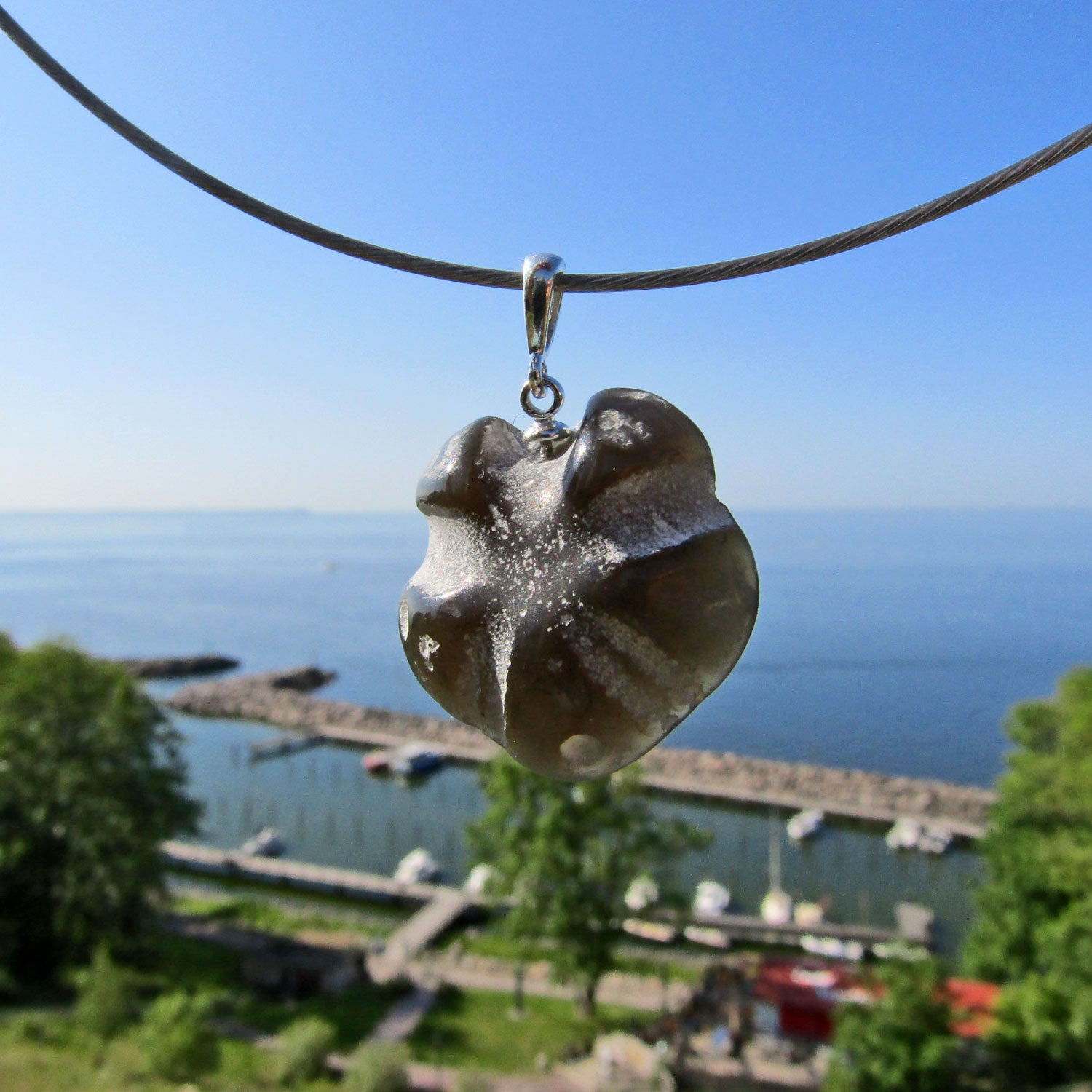 Versteinerte Seeigeloberseite an Silberöse, Unikat