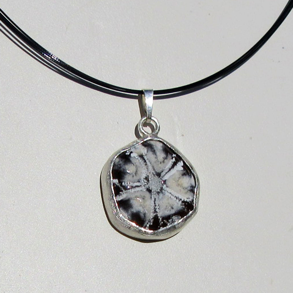 Drahtcollier mit versteinertem Seeigel in Silber gefasst