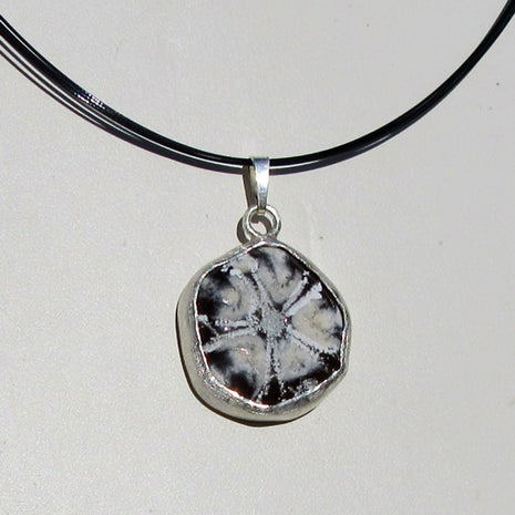 Drahtcollier mit versteinertem Seeigel in Silber gefasst