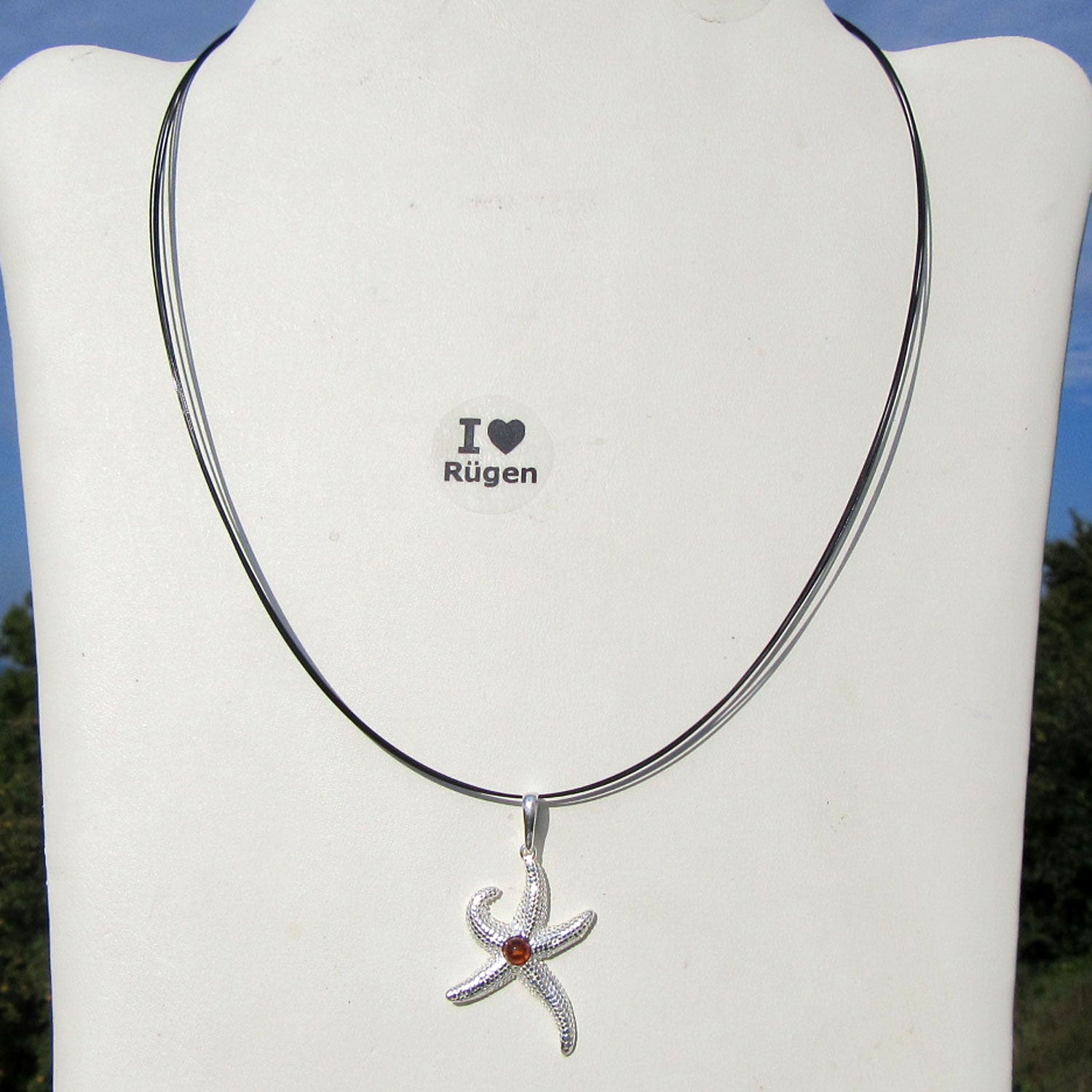 Silberanhänger Seestern mit Bernsteinperle, Unikat