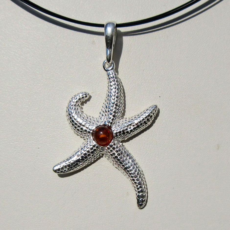 Silberanhänger Seestern mit Bernsteinperle, Unikat