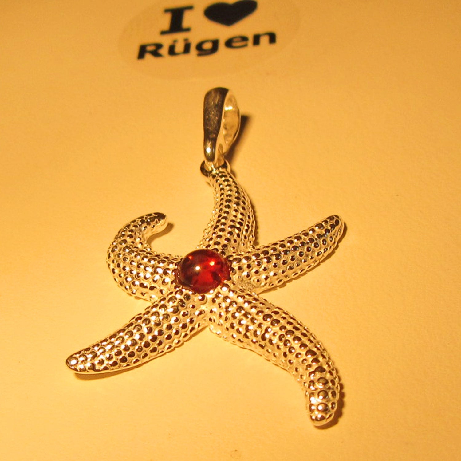 Silberanhänger Seestern mit Bernsteinperle, Unikat