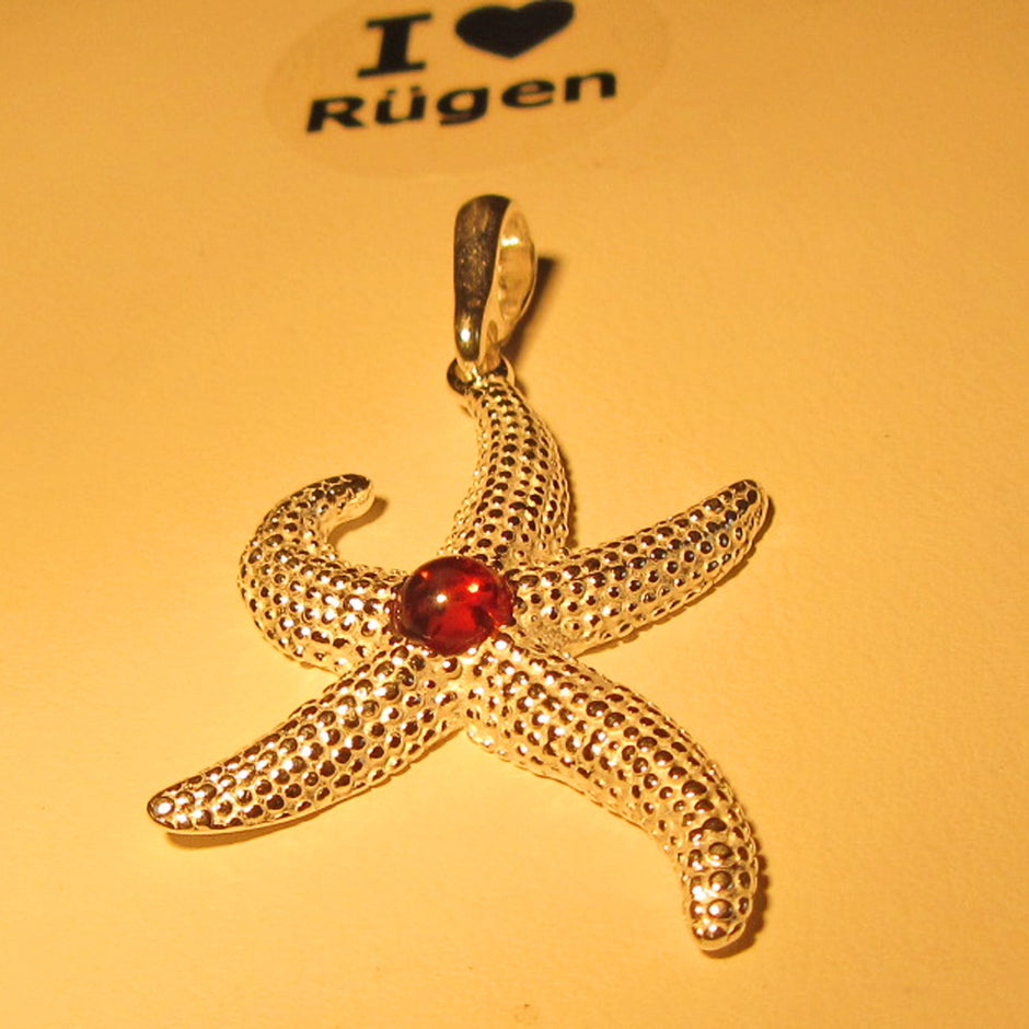 Silberanhänger Seestern mit Bernsteinperle, Unikat