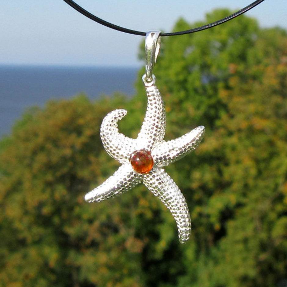 Silberanhänger Seestern mit Bernsteinperle, Unikat