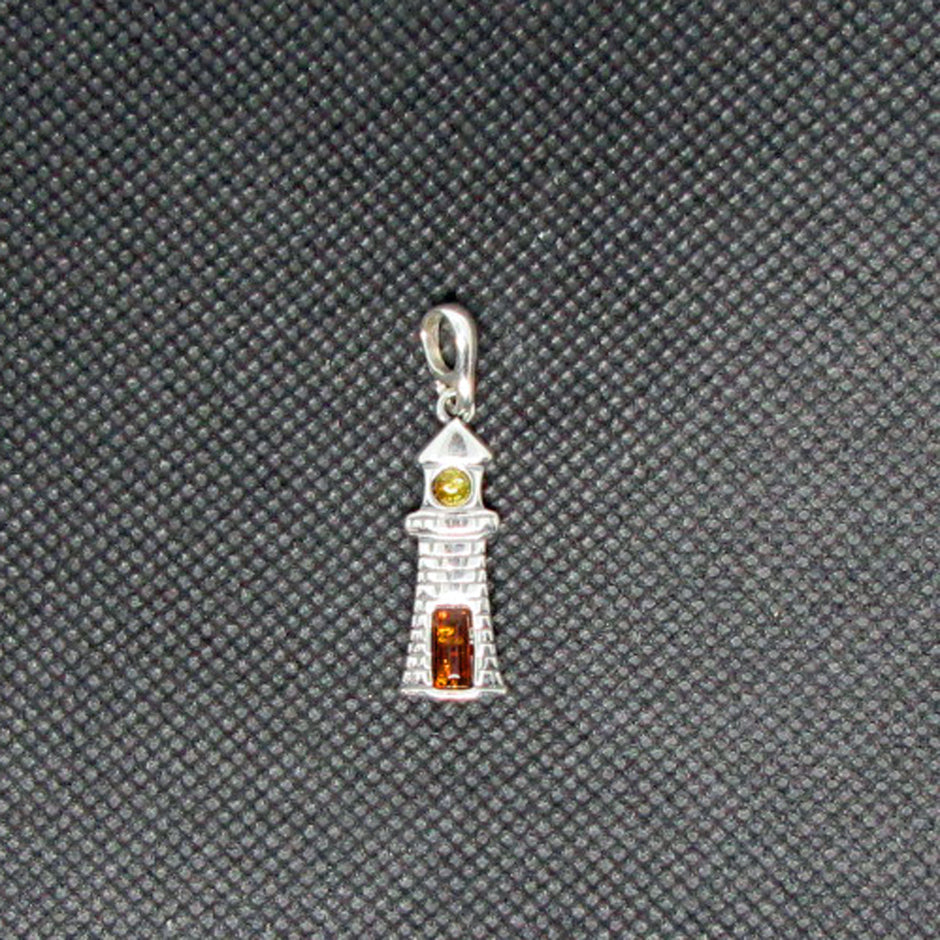 Leuchtturm-Anhänger aus Silber mit grünem und cognac Bernstein