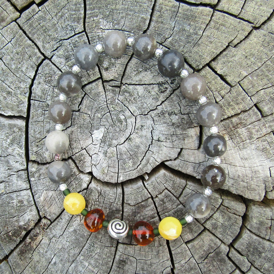 Armband aus Feuerstein, Bernstein und Silber, Unikat