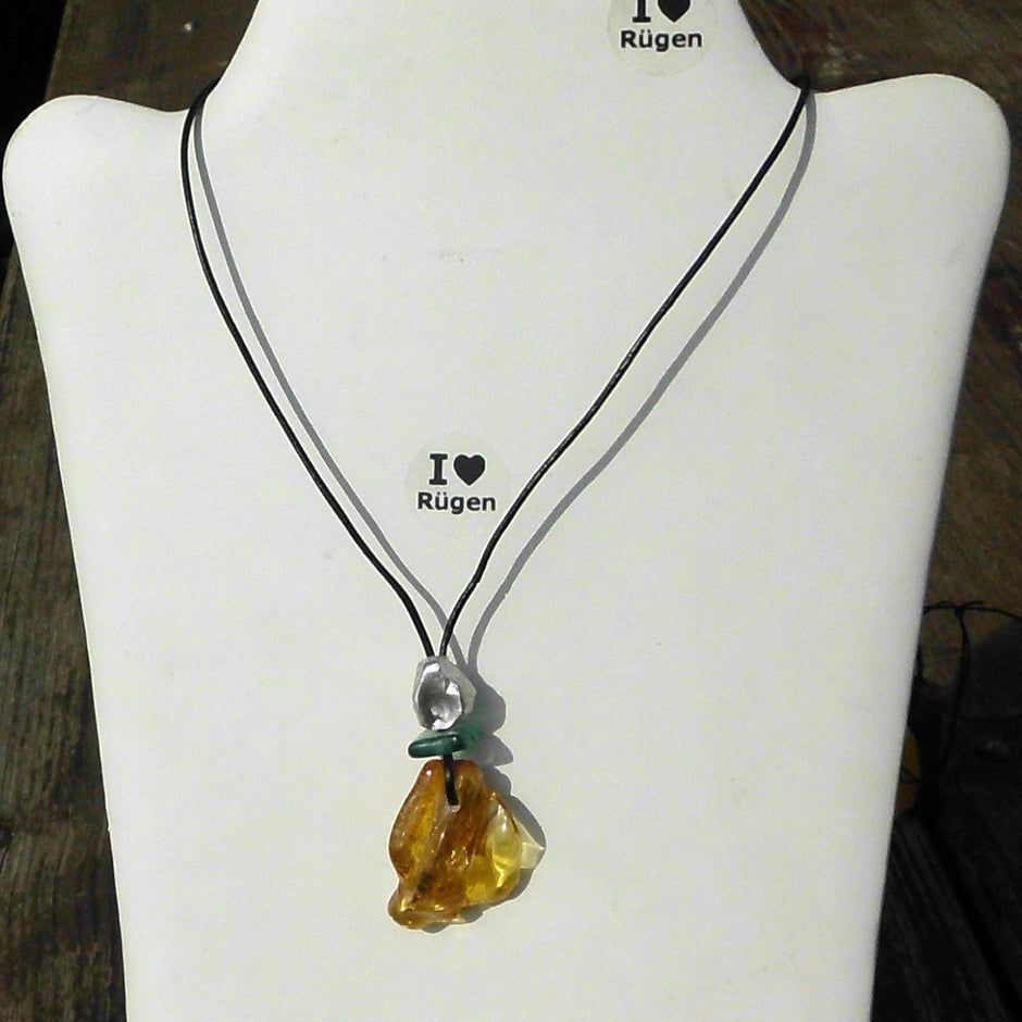 Bernstein-Kette mit Silber und türkisem Seeglas, Unikat