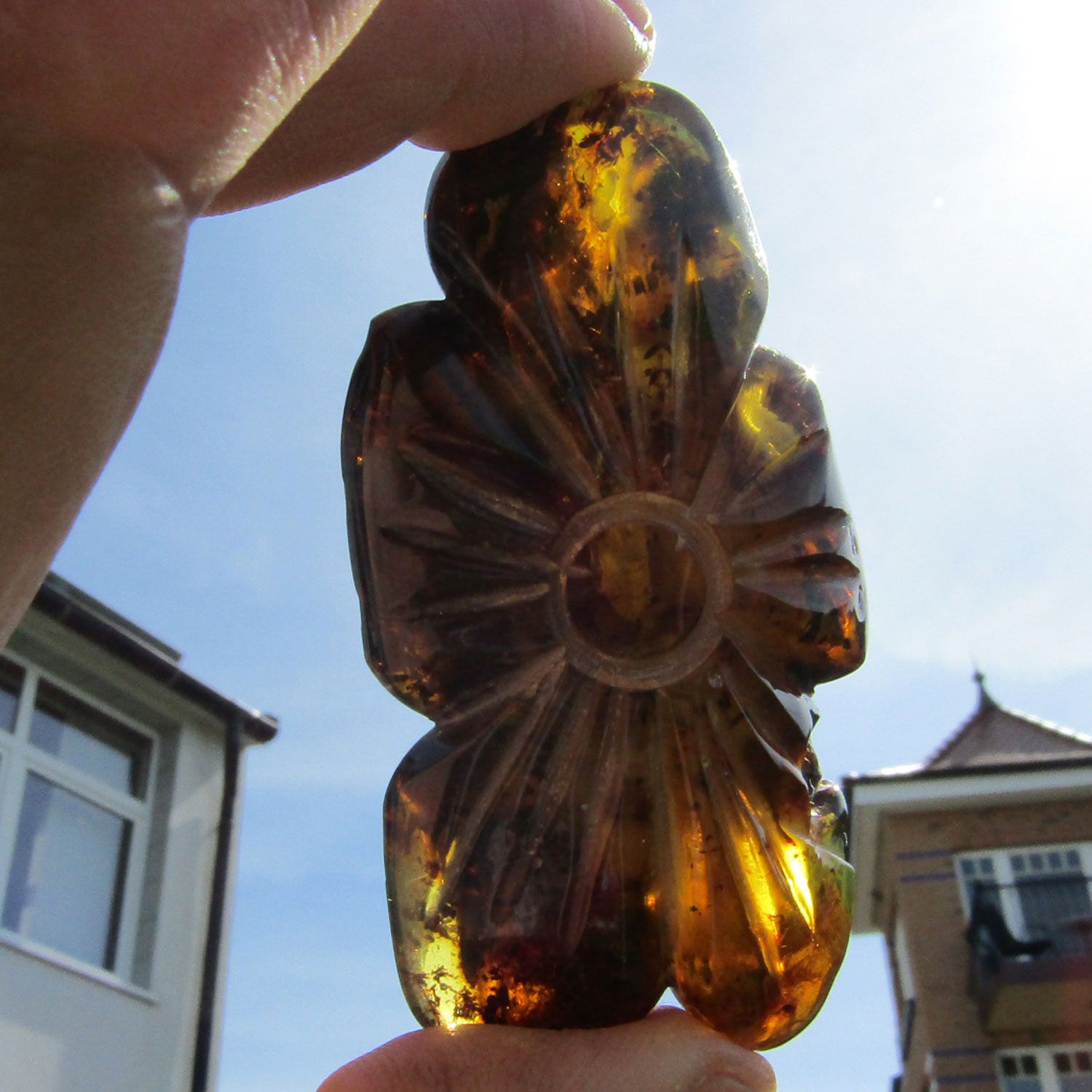 Einzigartiges Bernsteinstück mit Einschlüssen in Blumenform