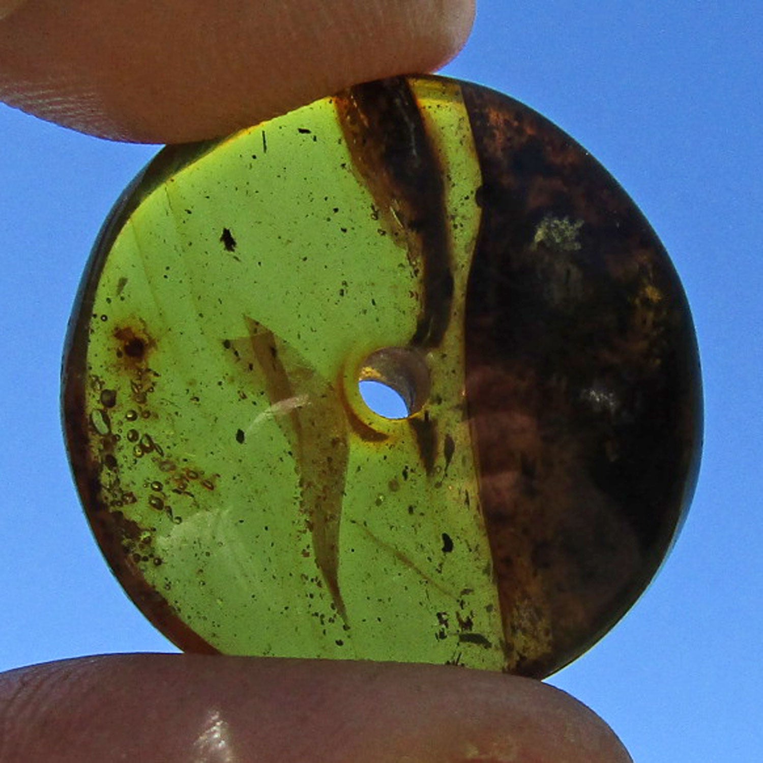 Bernsteindonut von Rügen mit dunklen Einschlüssen