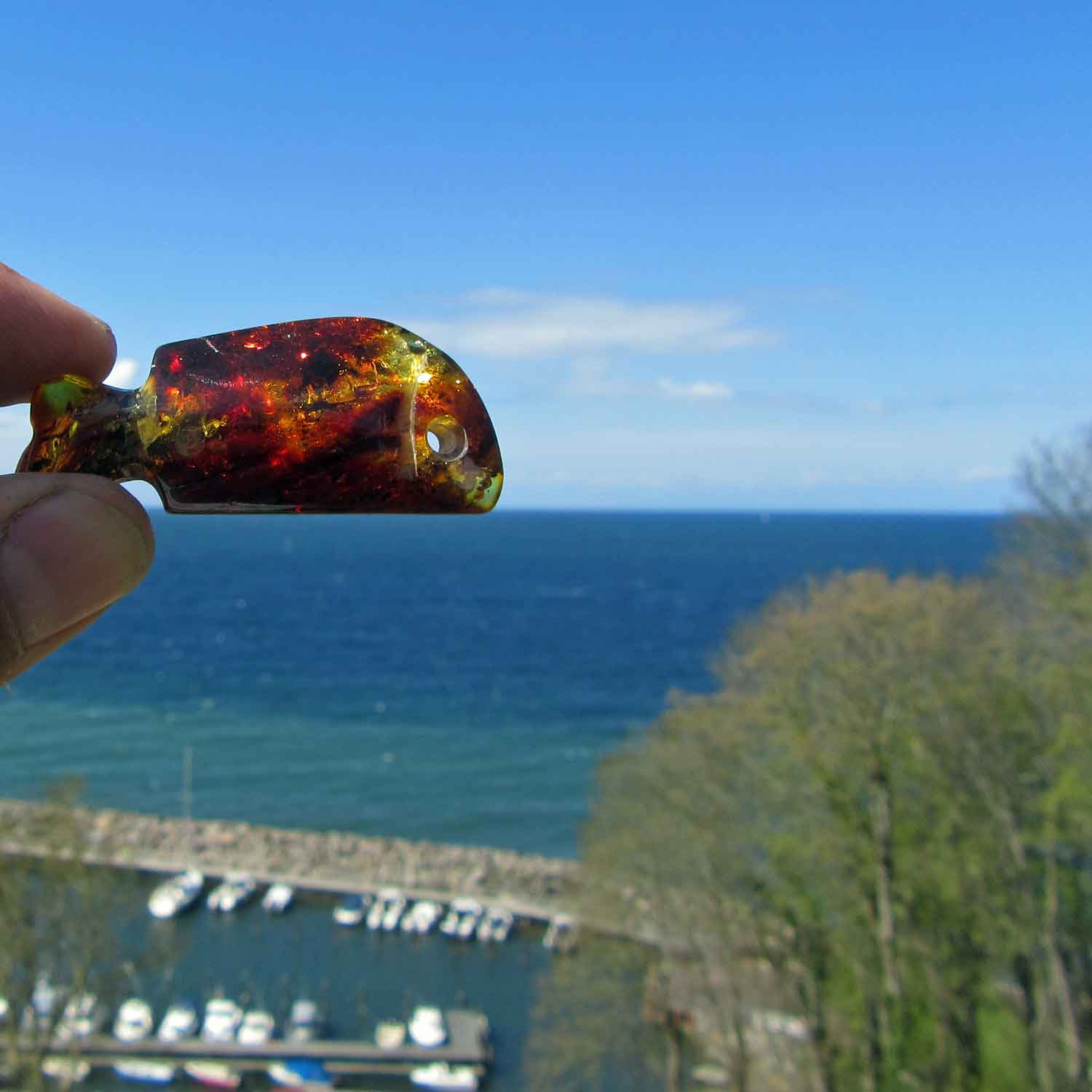 Einzelstück: Kognacfarbener Bernsteinfisch mit Einschlüssen