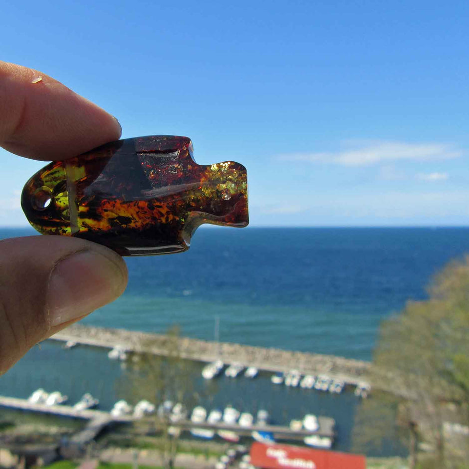 Einzigartiger Bernsteinfisch, kognacfarben mit Einschlüssen