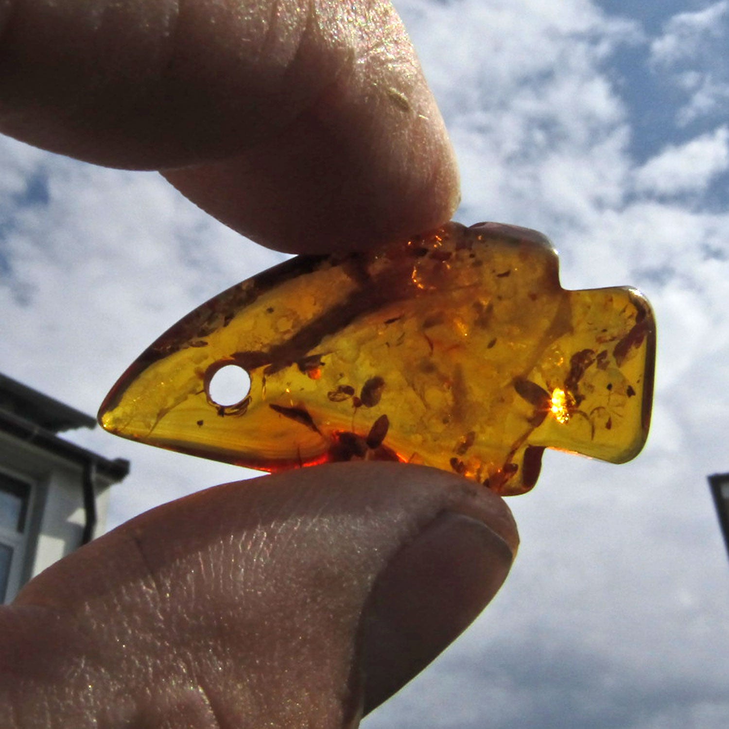 Polierter Bernsteinfisch mit Einschlüssen, Unikat