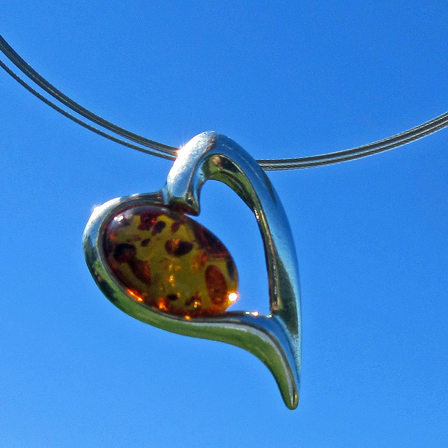 Silberherz mit Bernsteincabochon, 925 Silber, Unikat