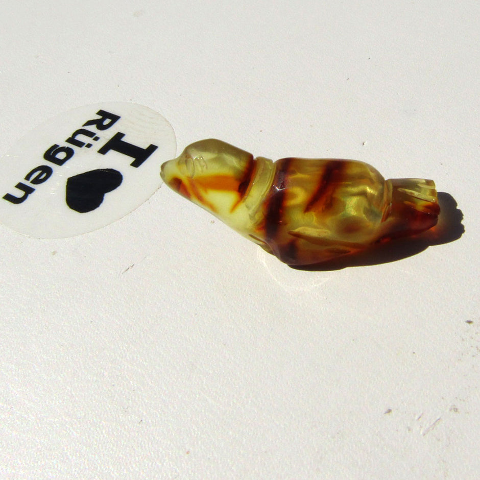 Seehund aus hellem Bernstein auf dunklem Sockel