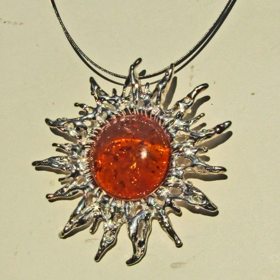 Großer Sonnenschein-Anhänger aus Silber mit Bernstein