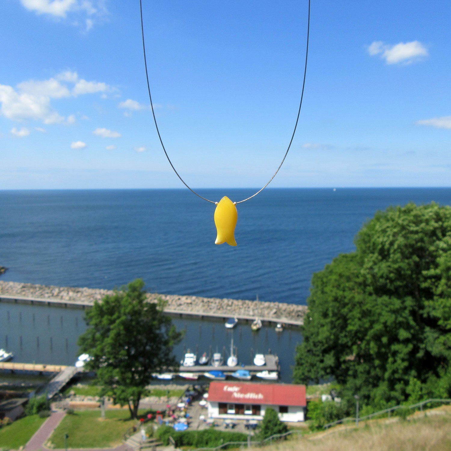 Polierter Bernsteinfisch am Drahtcollier, Butterscotch