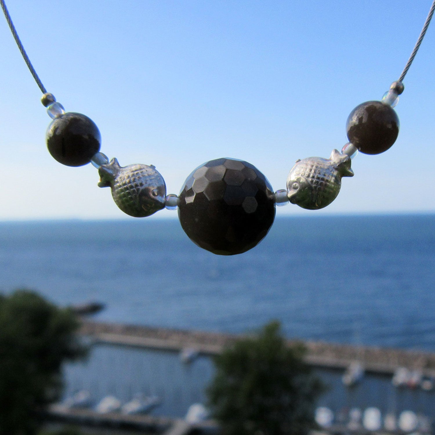 Collier aus Feuerstein und Silber, handgefertigt, Unikat