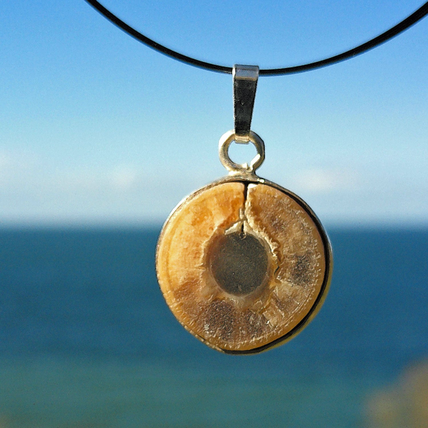 Einzigartiger Anhänger mit polierter Donnerkeilscheibe aus Silber