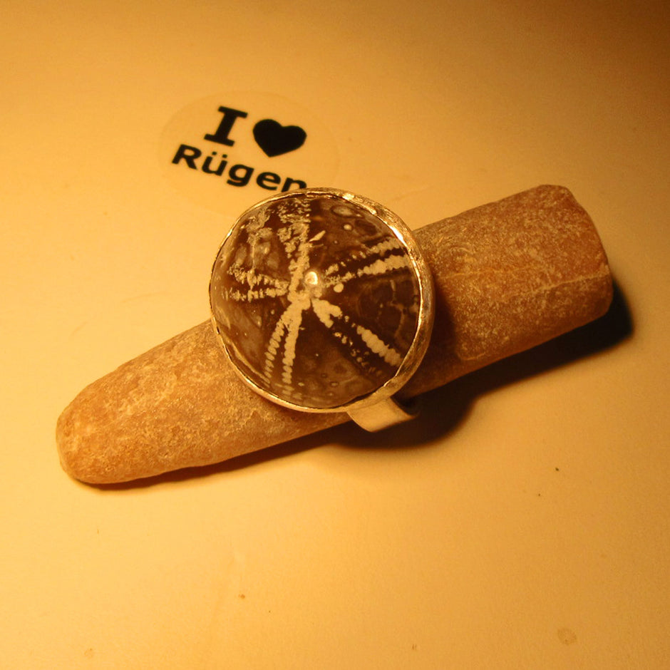 Eleganter Fingerring mit poliertem Seeigel in Silberfassung