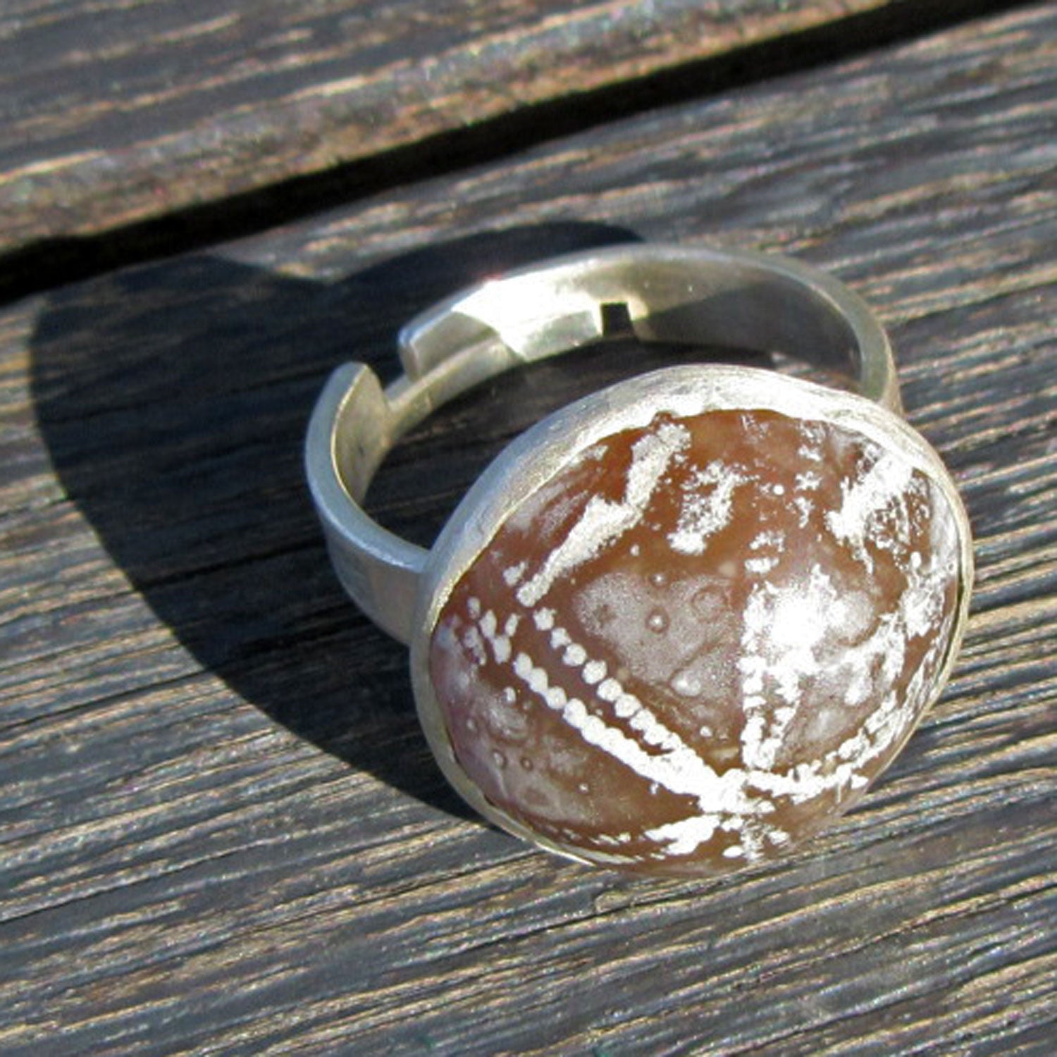 Eleganter Fingerring mit poliertem Seeigel in Silberfassung