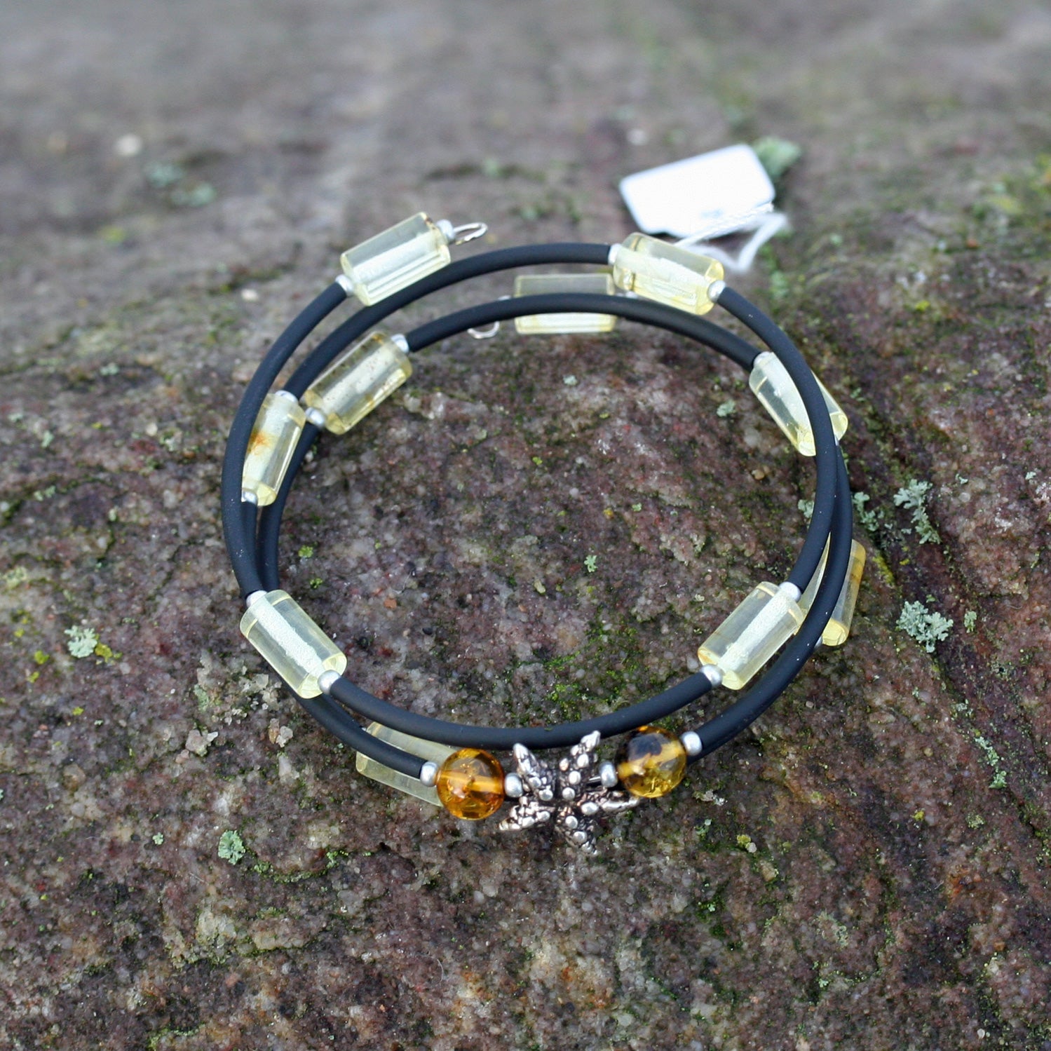 Flexibler Armreif aus Bernstein und Silber-Seestern