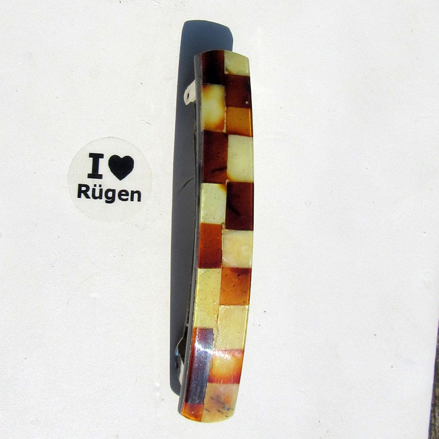 Einzigartige Haarspange aus buntem Bernstein, 85 mm