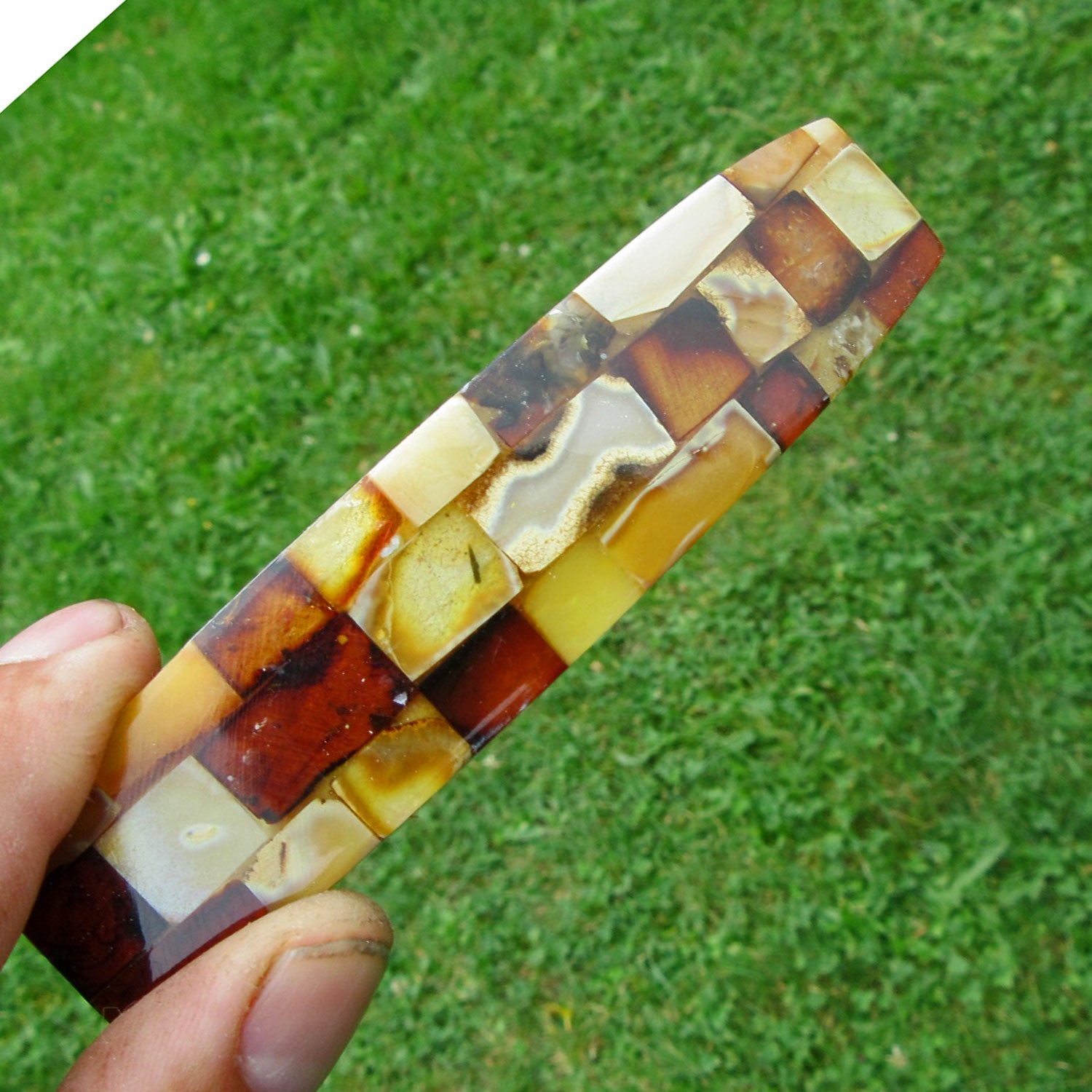 Haarspange aus buntem Bernstein – maritimes Unikat