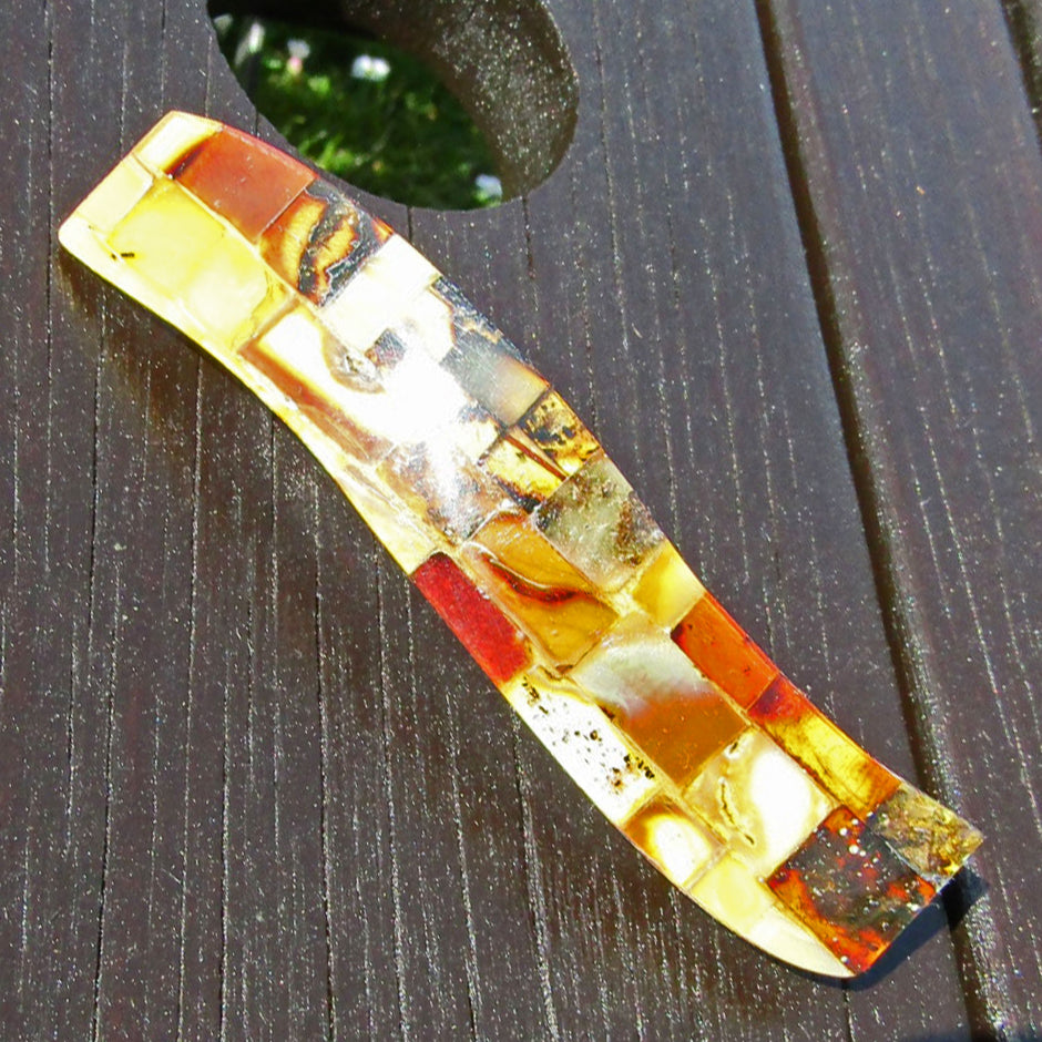 Einzigartige Haarspange aus buntem Bernstein, geschwungen