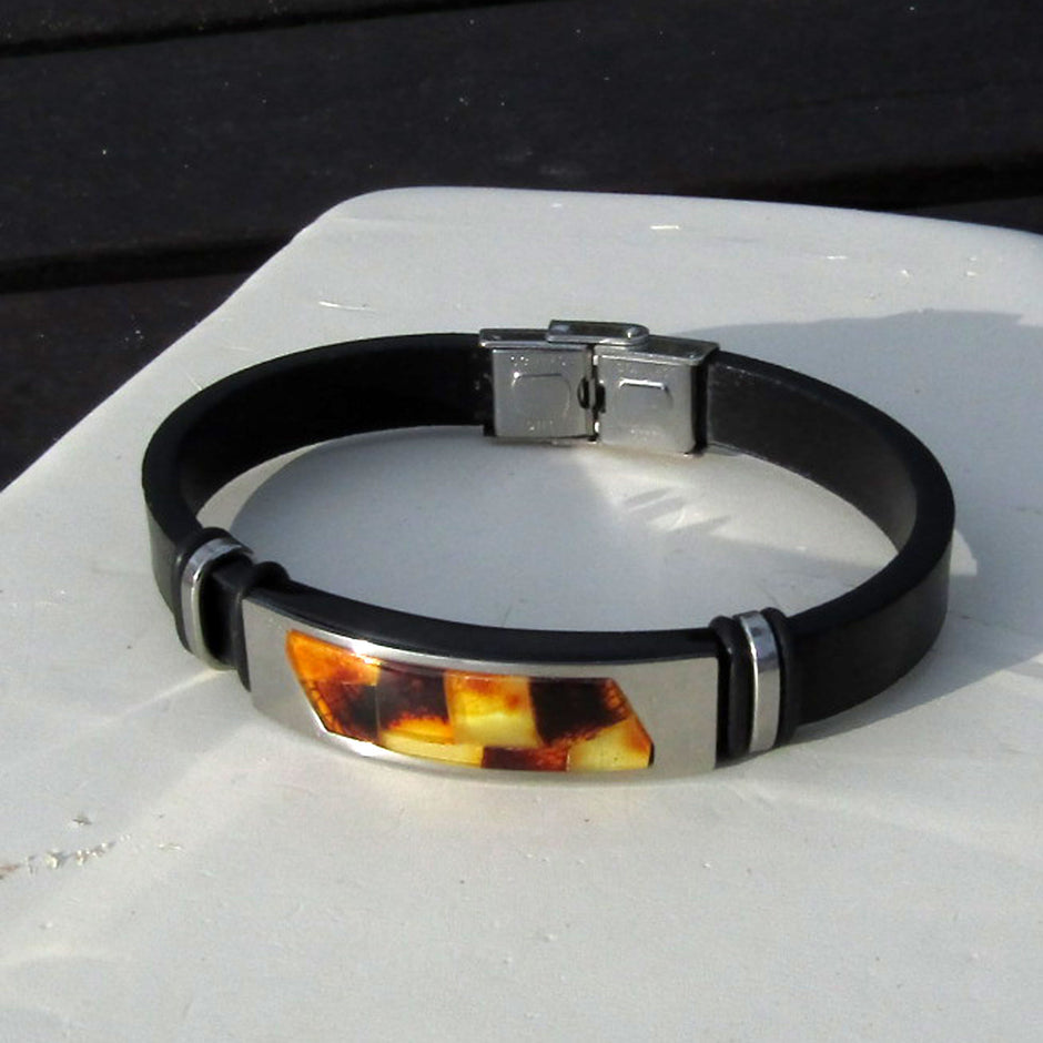 Edles Lederarmband mit Bernsteinintarsien, Unikat