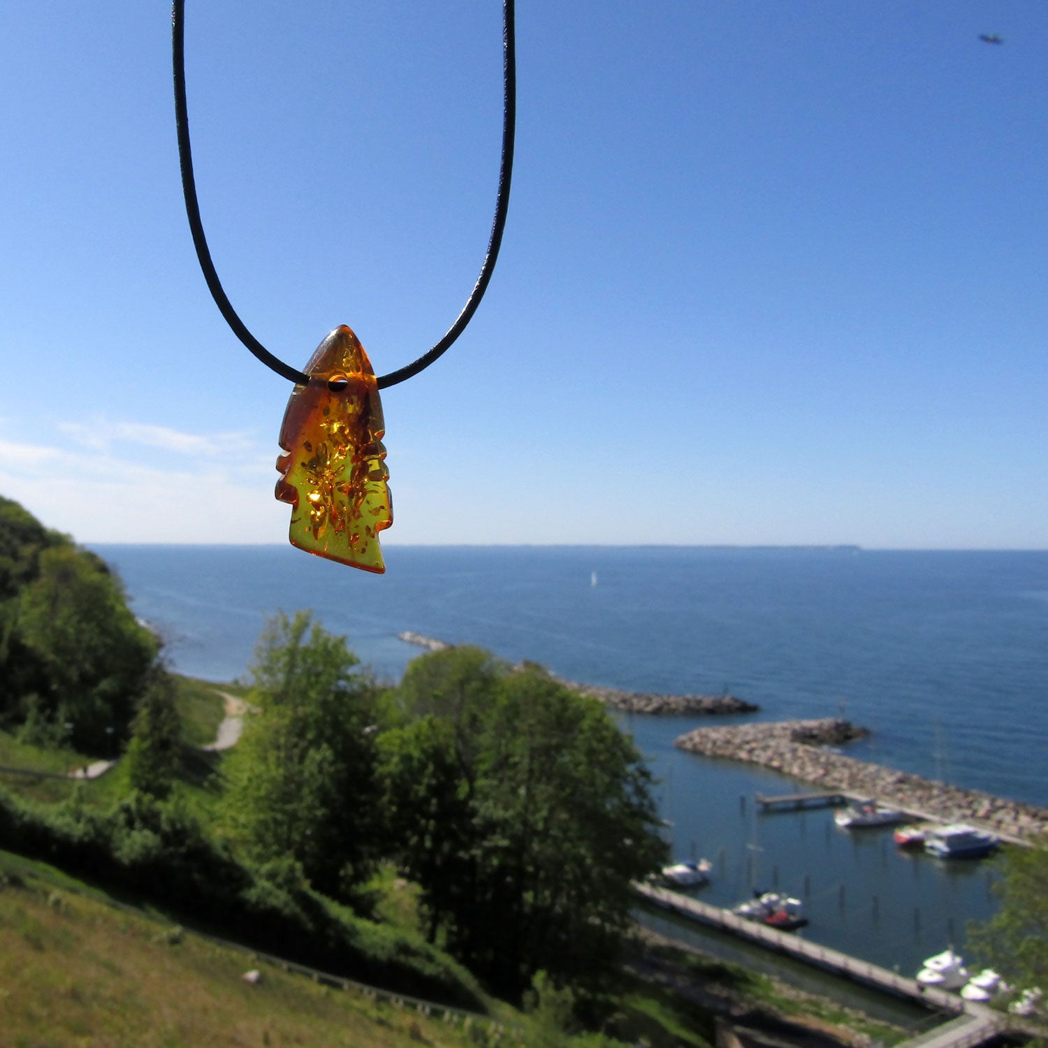 Ledercollier mit Bernsteinfisch – Unikat von Rügen