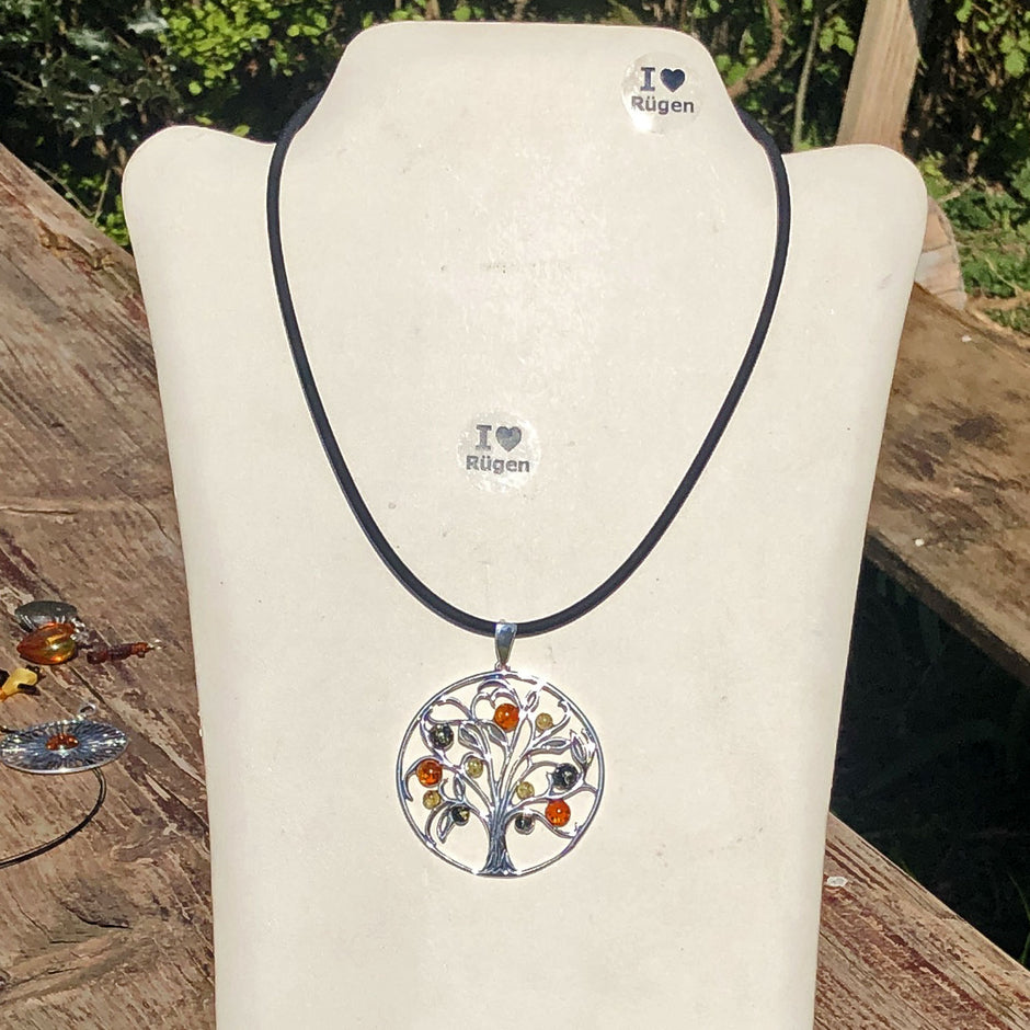 Edler Silberanhänger mit buntem Bernstein, Baum des Lebens