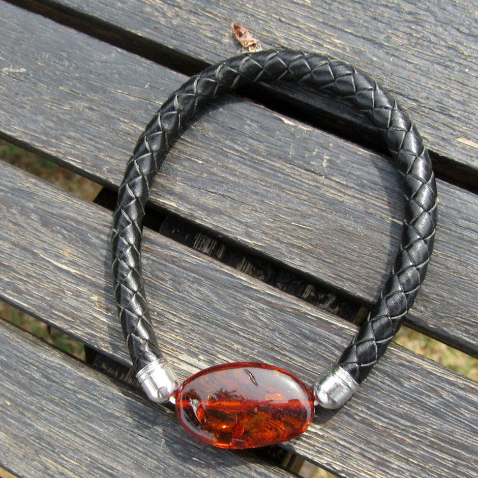 Flexibles Lederarmband mit einem flachen BernsteinWUNDERSCHÖN !!!