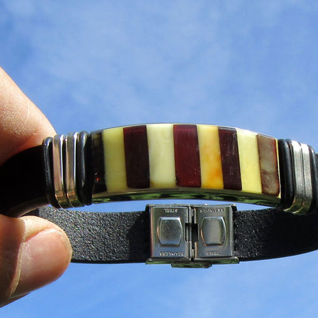 Lederarmband mit Bernstein-Intarsien, Unikat