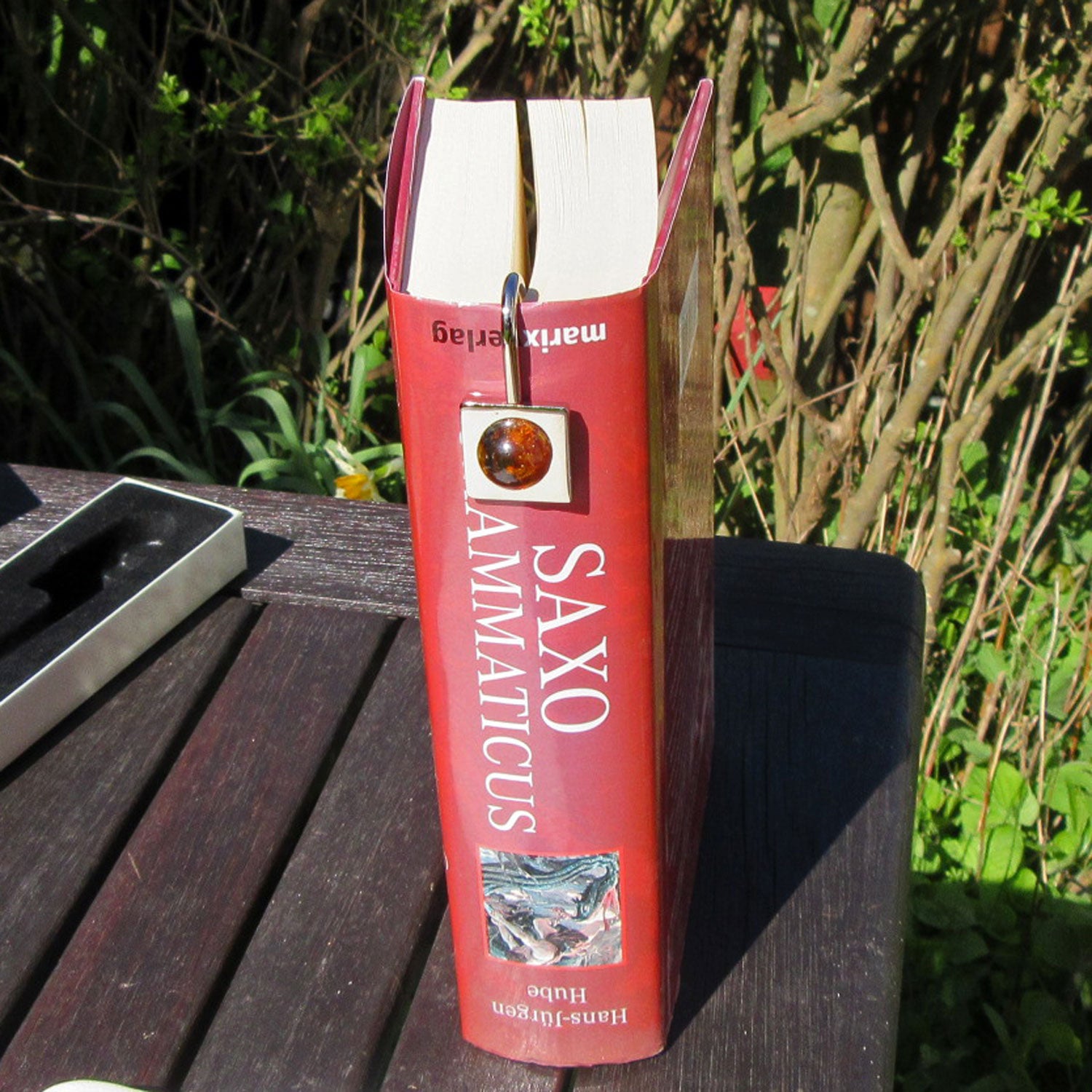 Einzigartiges Lesezeichen aus Bernstein und Metall