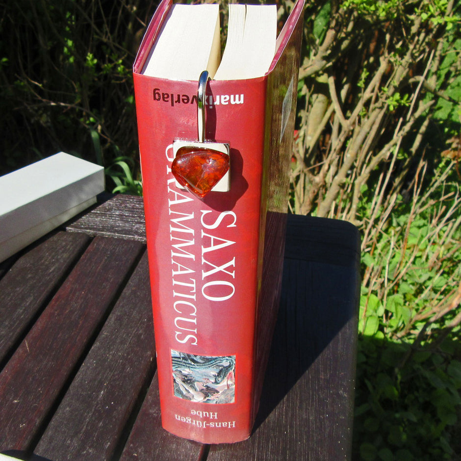 Edles Lesezeichen aus Bernstein und Metall, Unikat