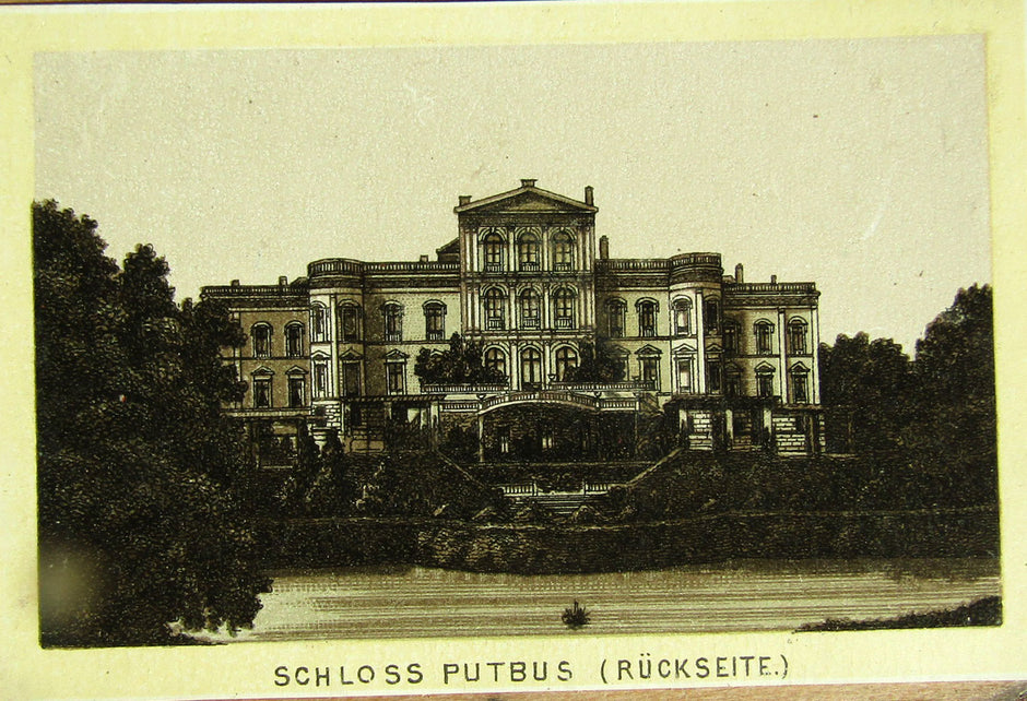 Kleine Lithographie von Schloss Putbus im Passepartout