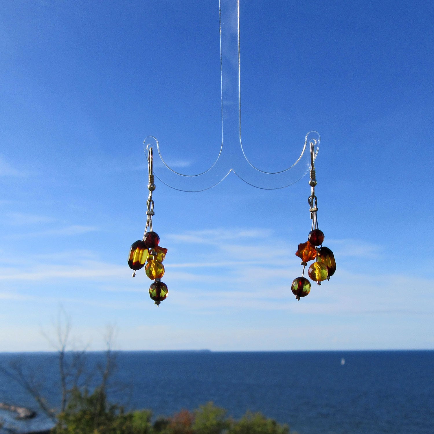 Ohrhänger aus Silber mit 5 polierten Bernsteinen, Unikat