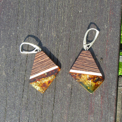 Einzigartige Ohrhänger aus Bernstein, Holz und Silber