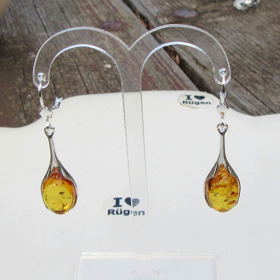Bernsteinohrhänger in Silber, tropfenförmig, Unikat